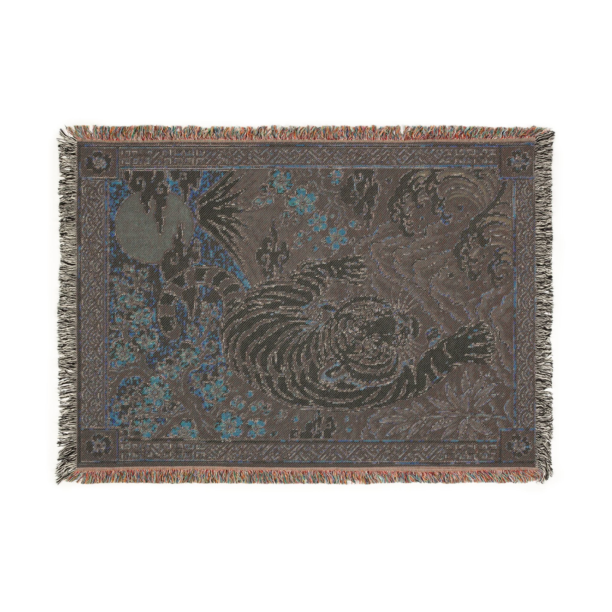 White Tiger Illustration Woven Blanket | Asian Floral Motif, Decorative Throw