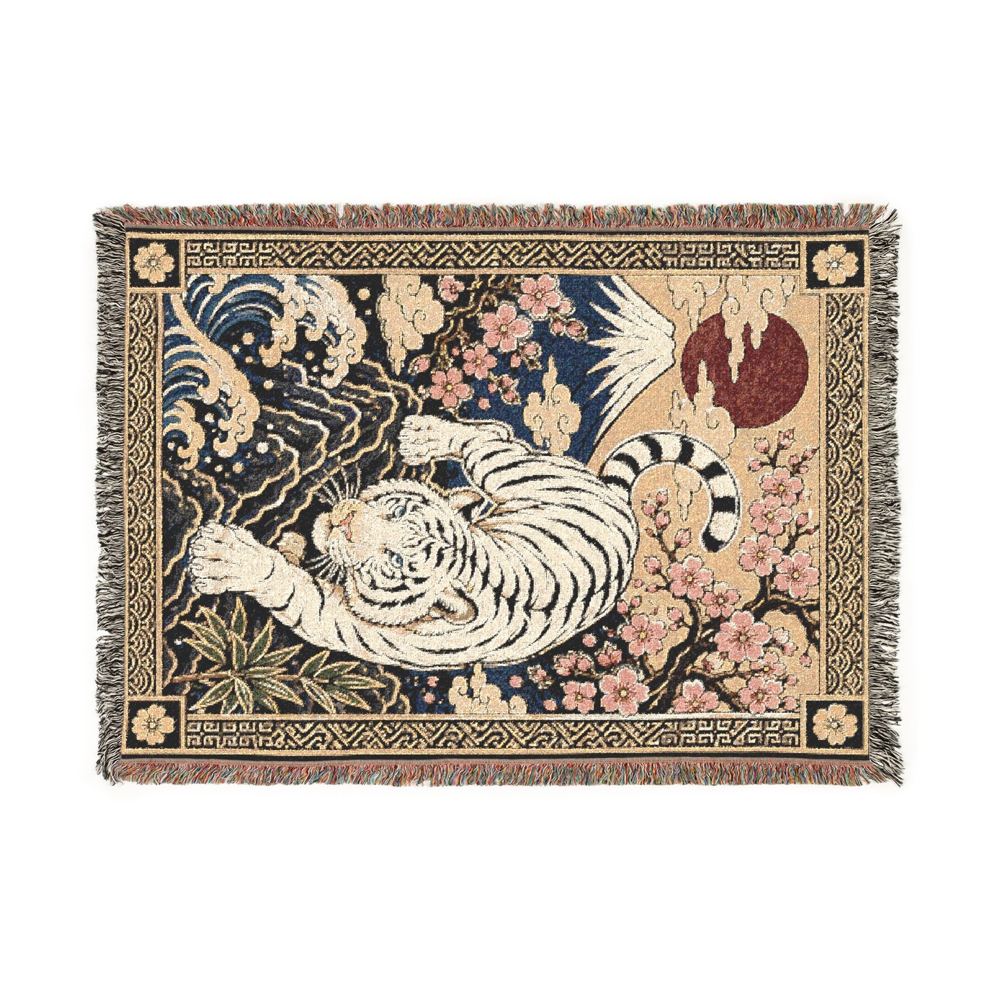 White Tiger Illustration Woven Blanket | Asian Floral Motif, Decorative Throw
