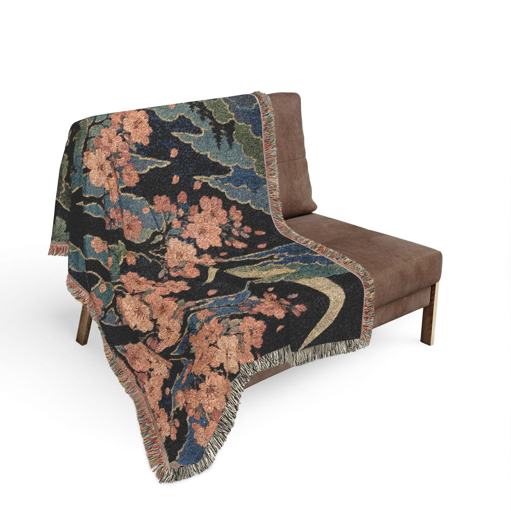 Cherry Blossom Moon Woven Blanket | Floral Night Sky Throw