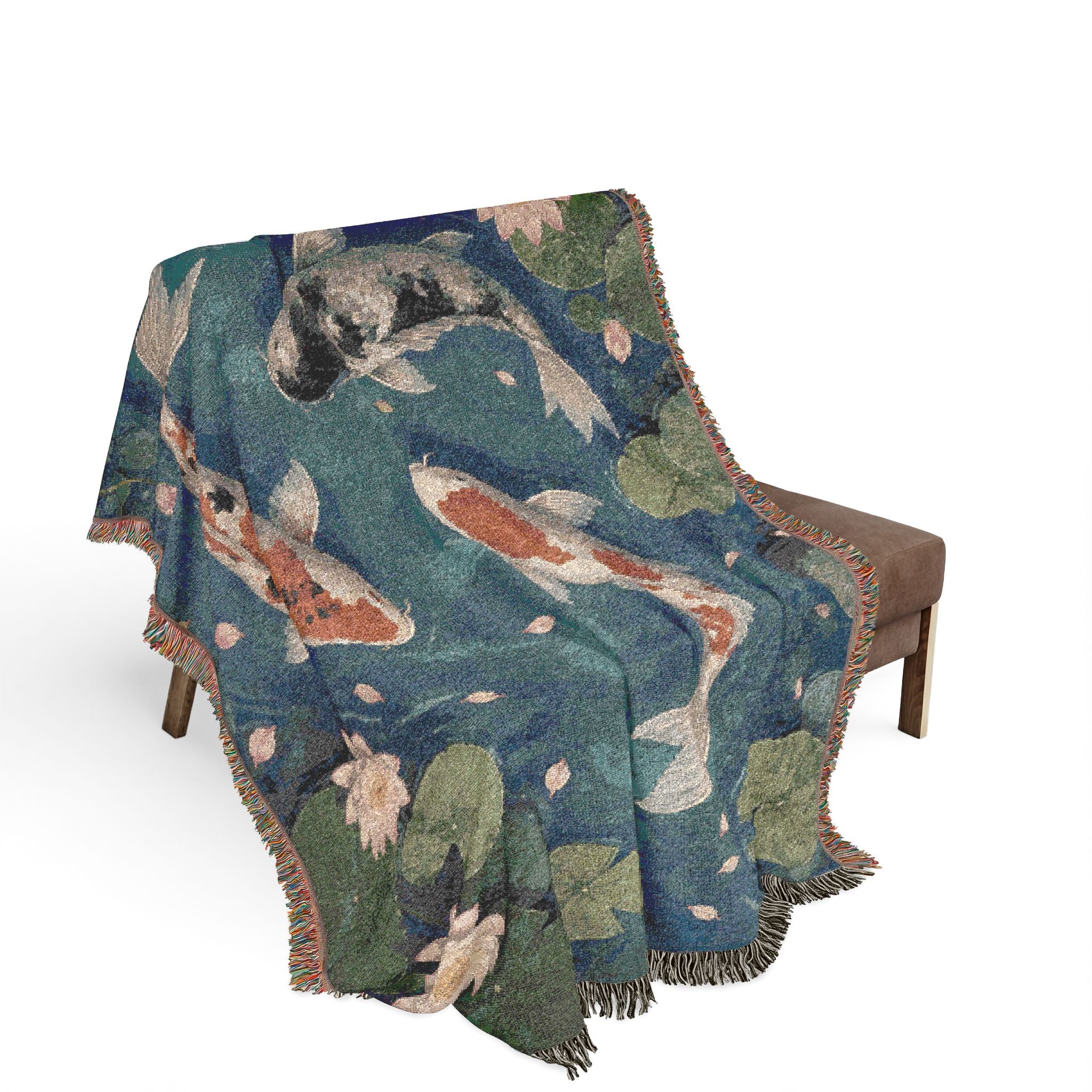 Koi Pond Illustration Woven Blanket | Koi Fish Lily Pad Throw