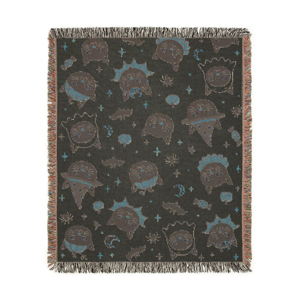 Spooky Cat Witch Pattern Woven Blanket | Halloween Cat Moon Stars