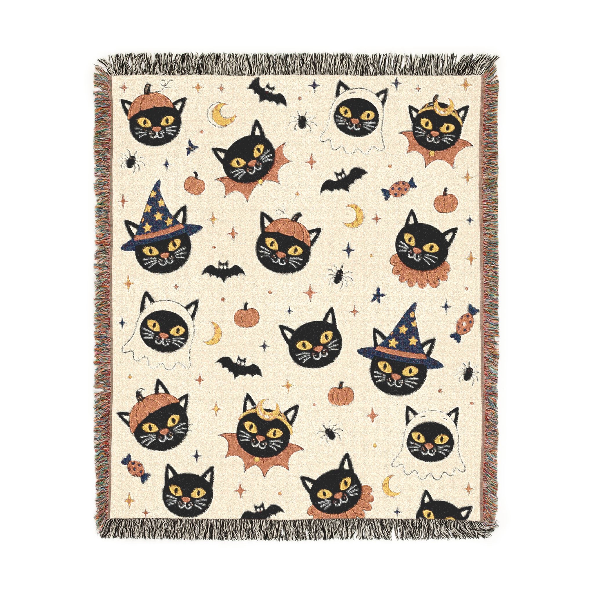 Spooky Cat Witch Pattern Woven Blanket | Halloween Cat Moon Stars