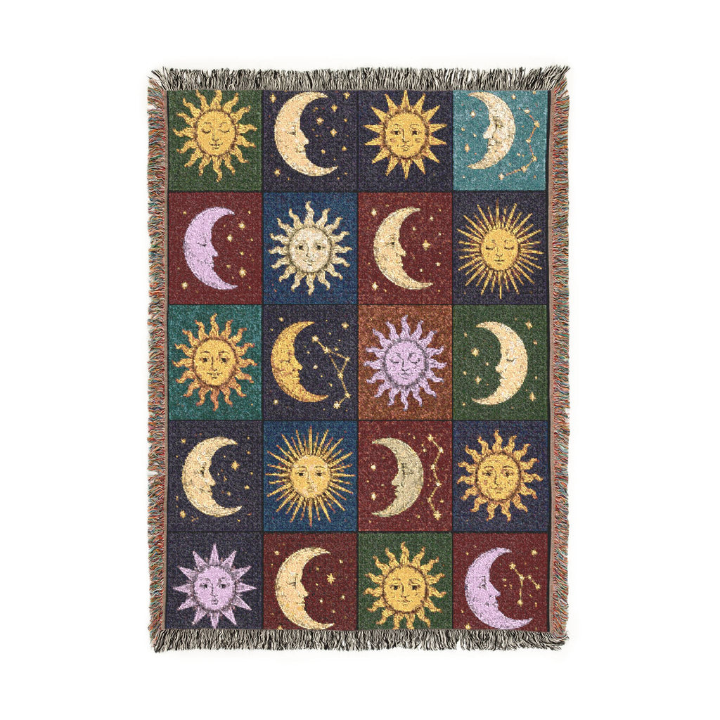 Celestial Sun and Moon Mosaic Woven Blanket | Boho Starry Throw