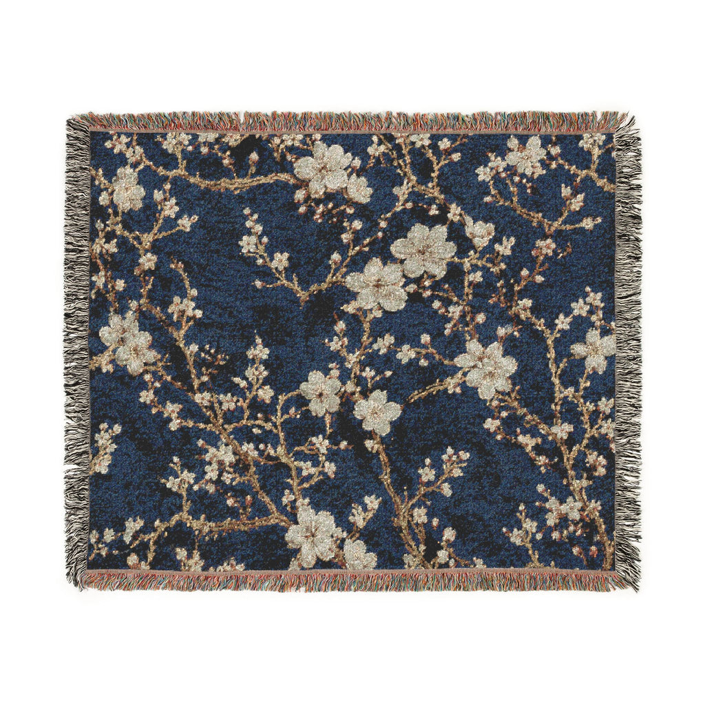 Floral Mosaic Woven Blanket — Navy Cherry Blossom Throw