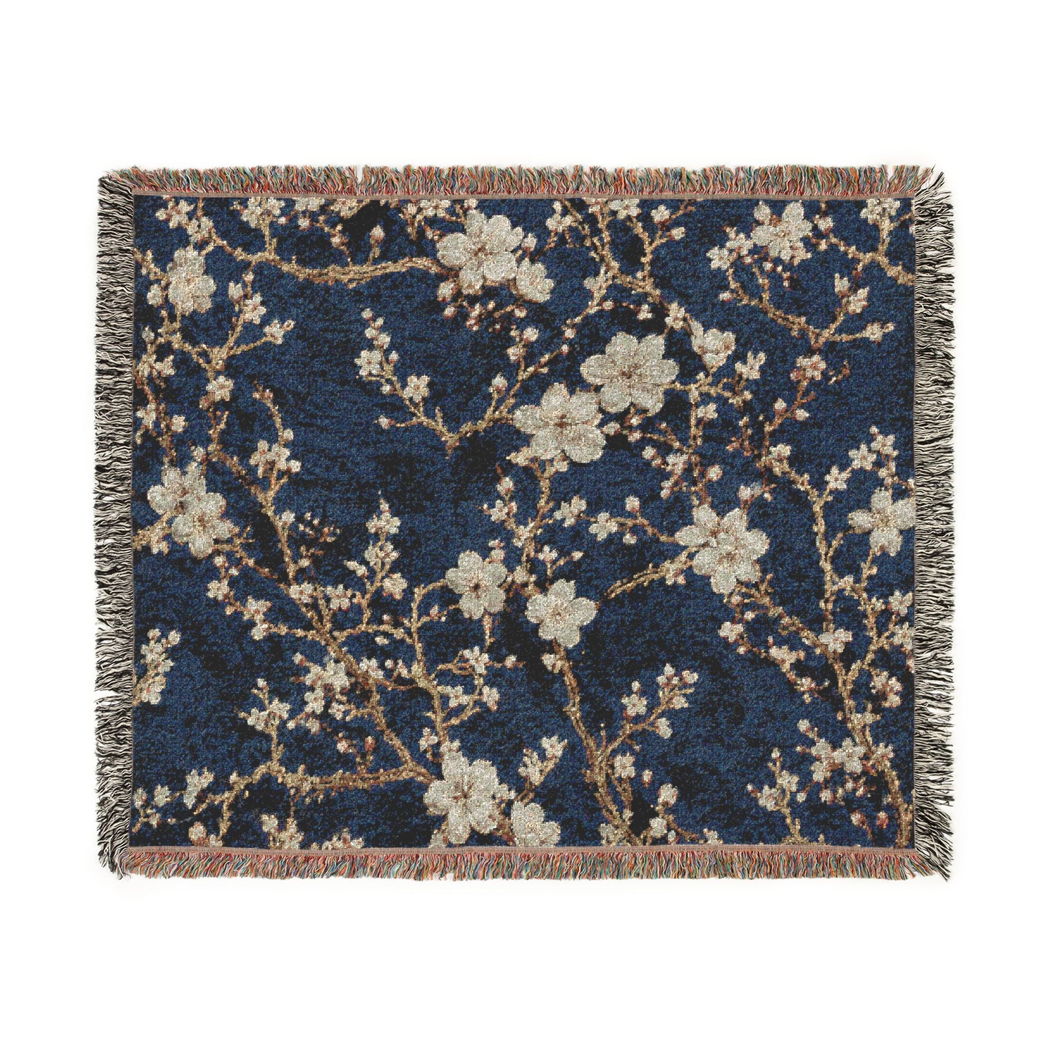 Floral Mosaic Woven Blanket — Navy Cherry Blossom Throw