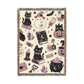 Cute Black Cat Halloween Woven Blanket | Pumpkin, Witch Hat, Candy Pattern