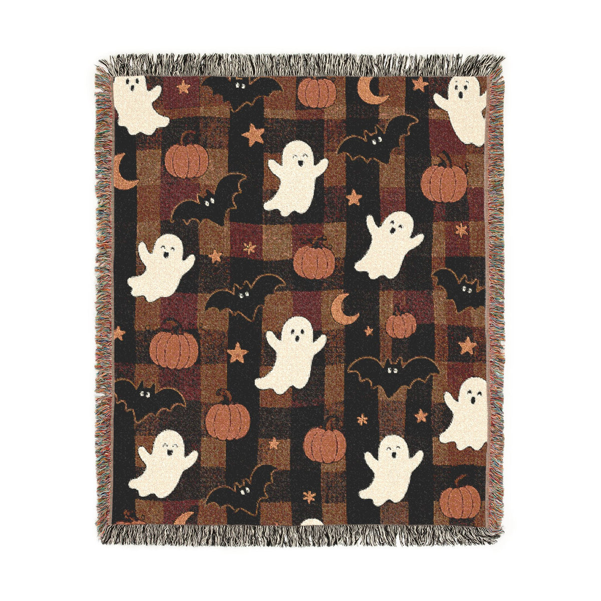 Cute Ghost Pattern Woven Blanket | Halloween Ghosts, Pumpkins & Stars
