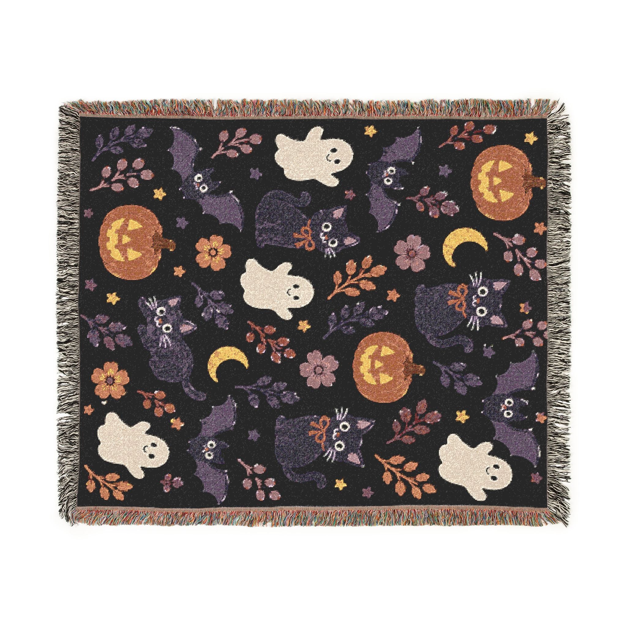 Cute Halloween ghosts and jack-o-lanterns Woven Blanket | spooky floral moons