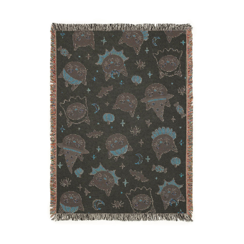 Spooky Cat Witch Pattern Woven Blanket | Halloween Cat Moon Stars