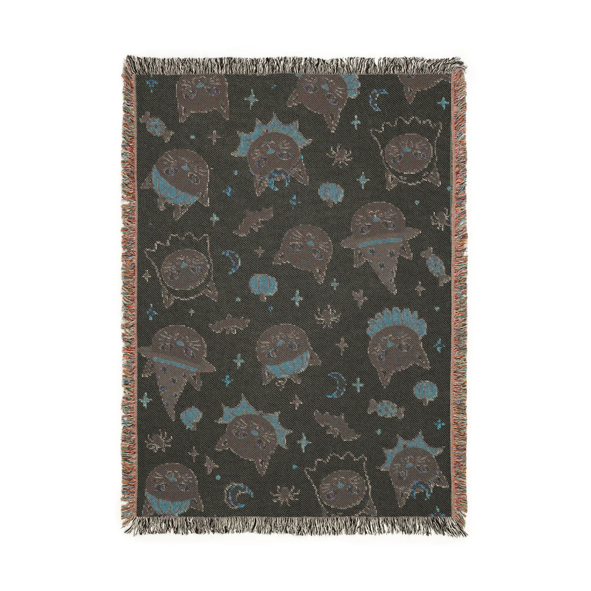 Spooky Cat Witch Pattern Woven Blanket | Halloween Cat Moon Stars
