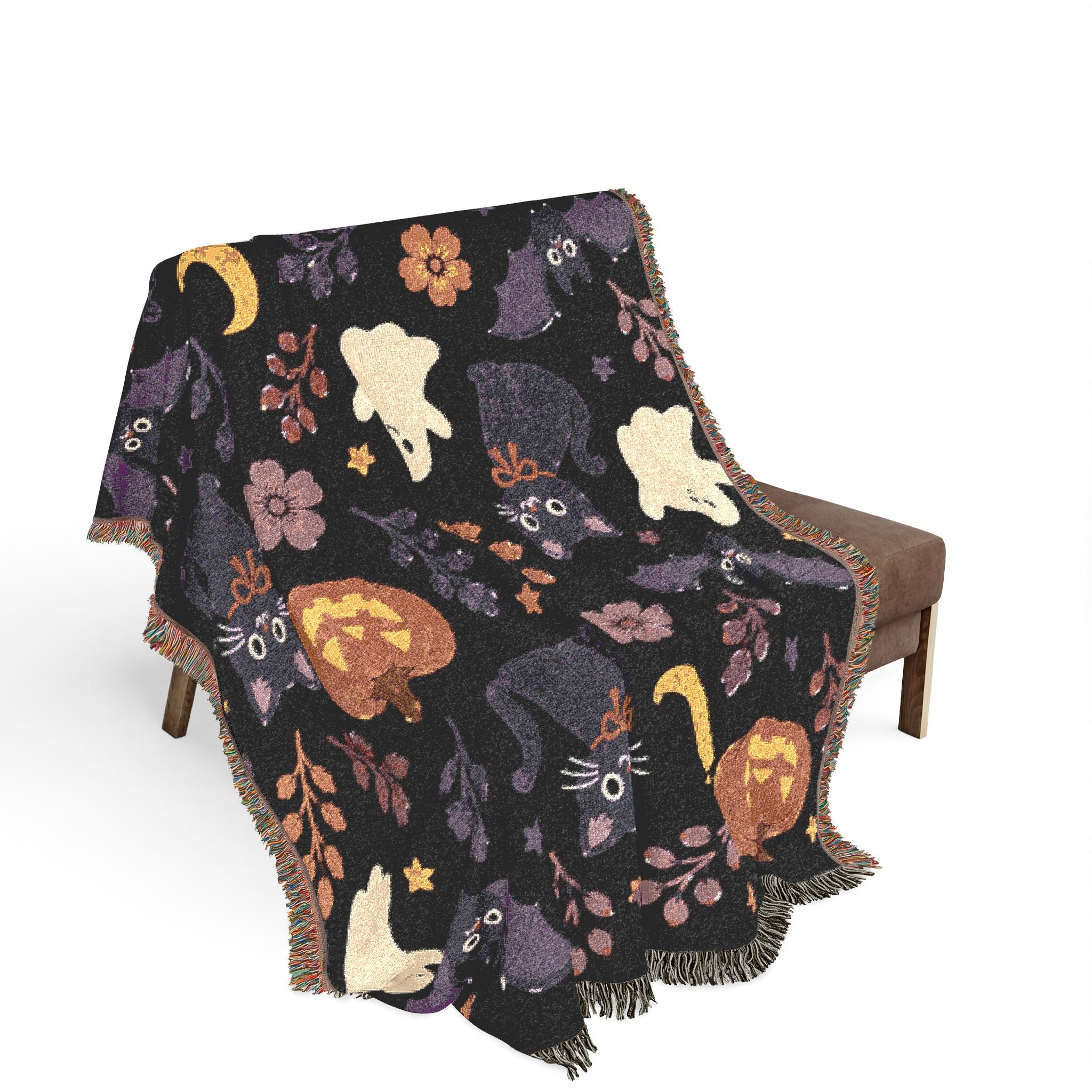 Cute Halloween ghosts and jack-o-lanterns Woven Blanket | spooky floral moons