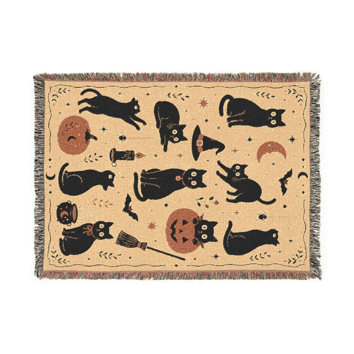 Black Cat Halloween Woven Blanket | Pumpkin Moon Witch Hat Cats