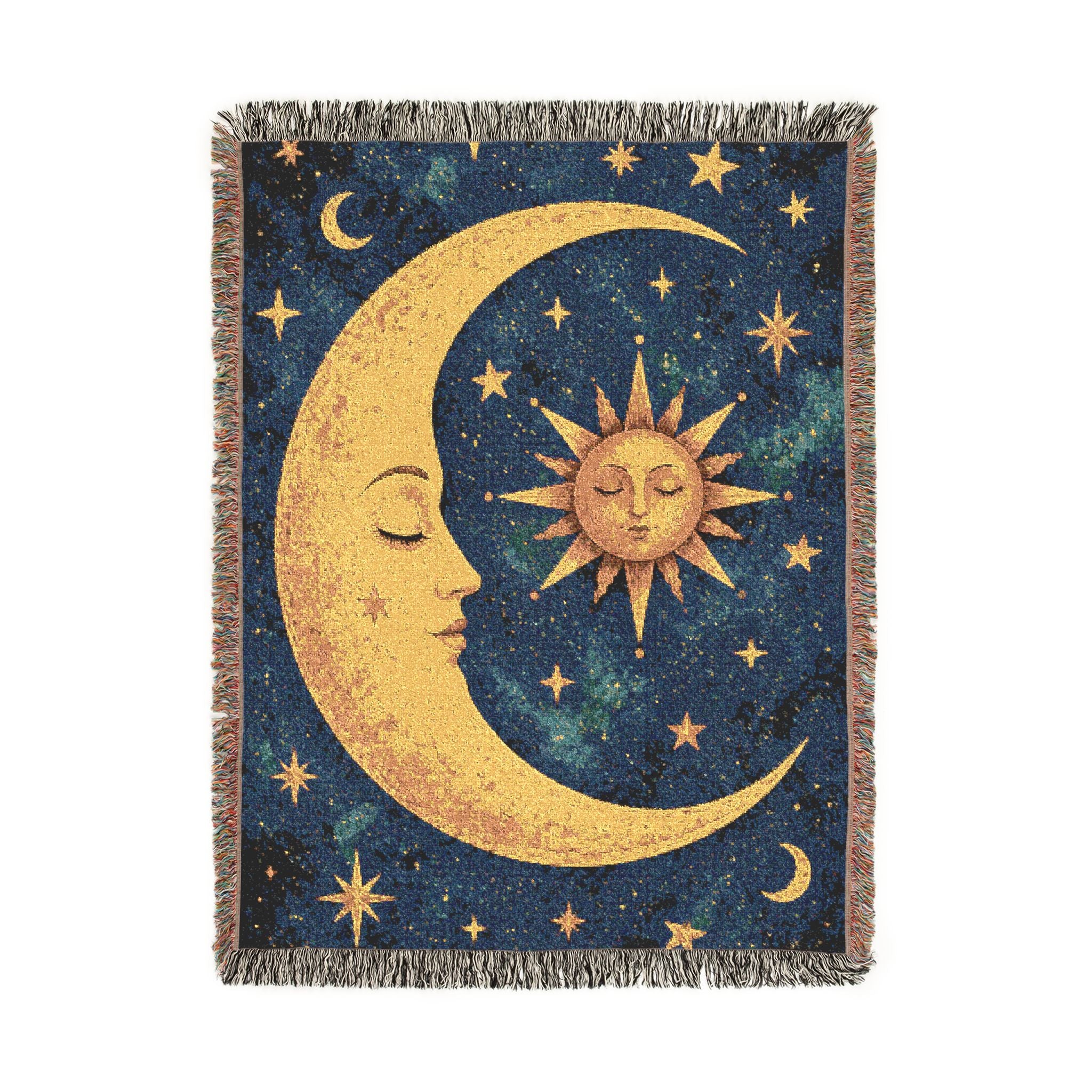 Celestial Moon and Sun Woven Blanket | Mystic Starry Tapestry Throw