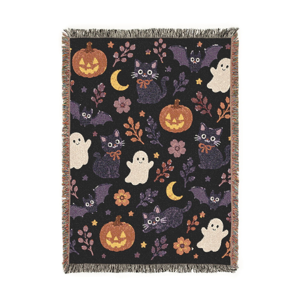 Cute Halloween ghosts and jack-o-lanterns Woven Blanket | spooky floral moons