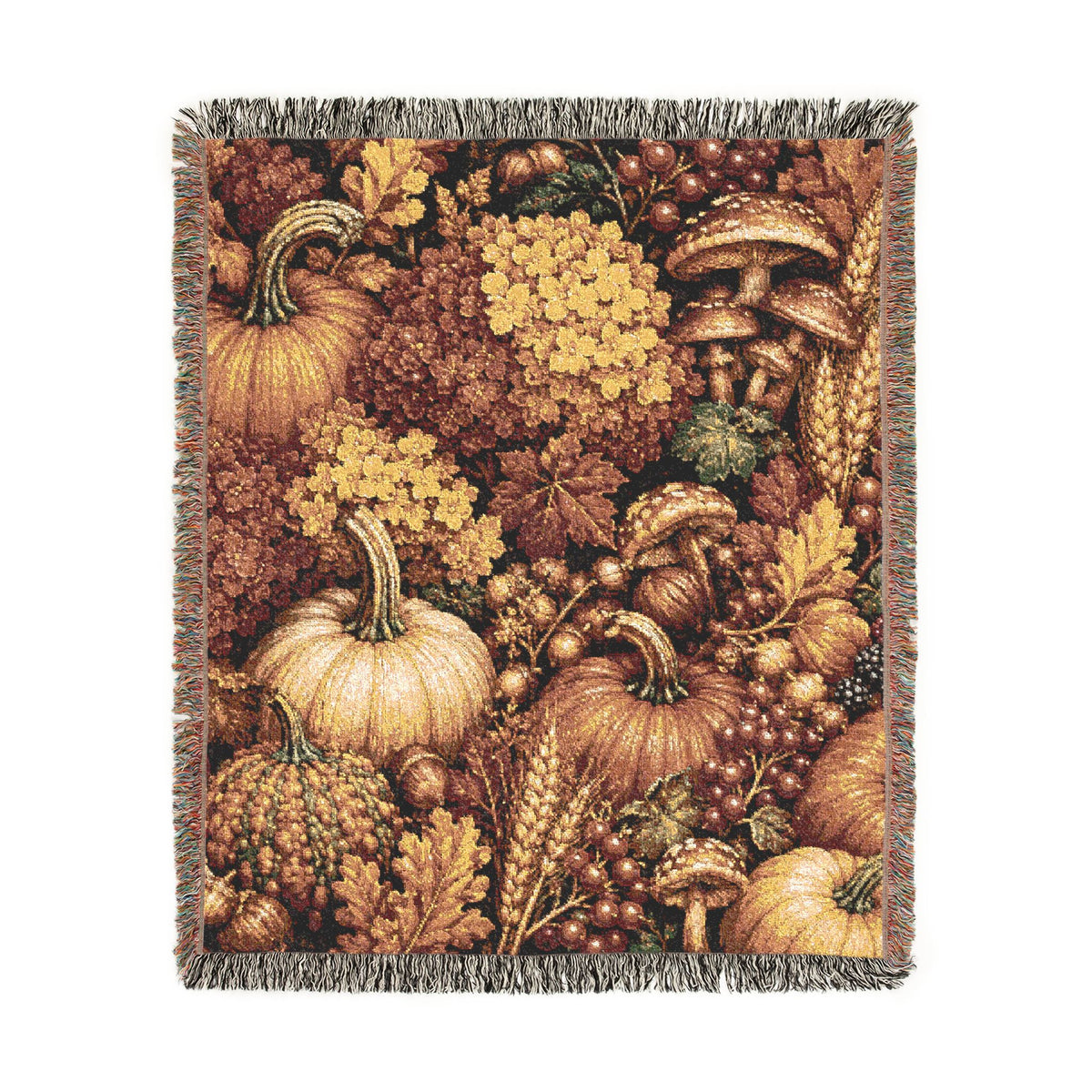 Autumn Harvest Pumpkin and Hydrangea Woven Blanket | Fall Floral Throw