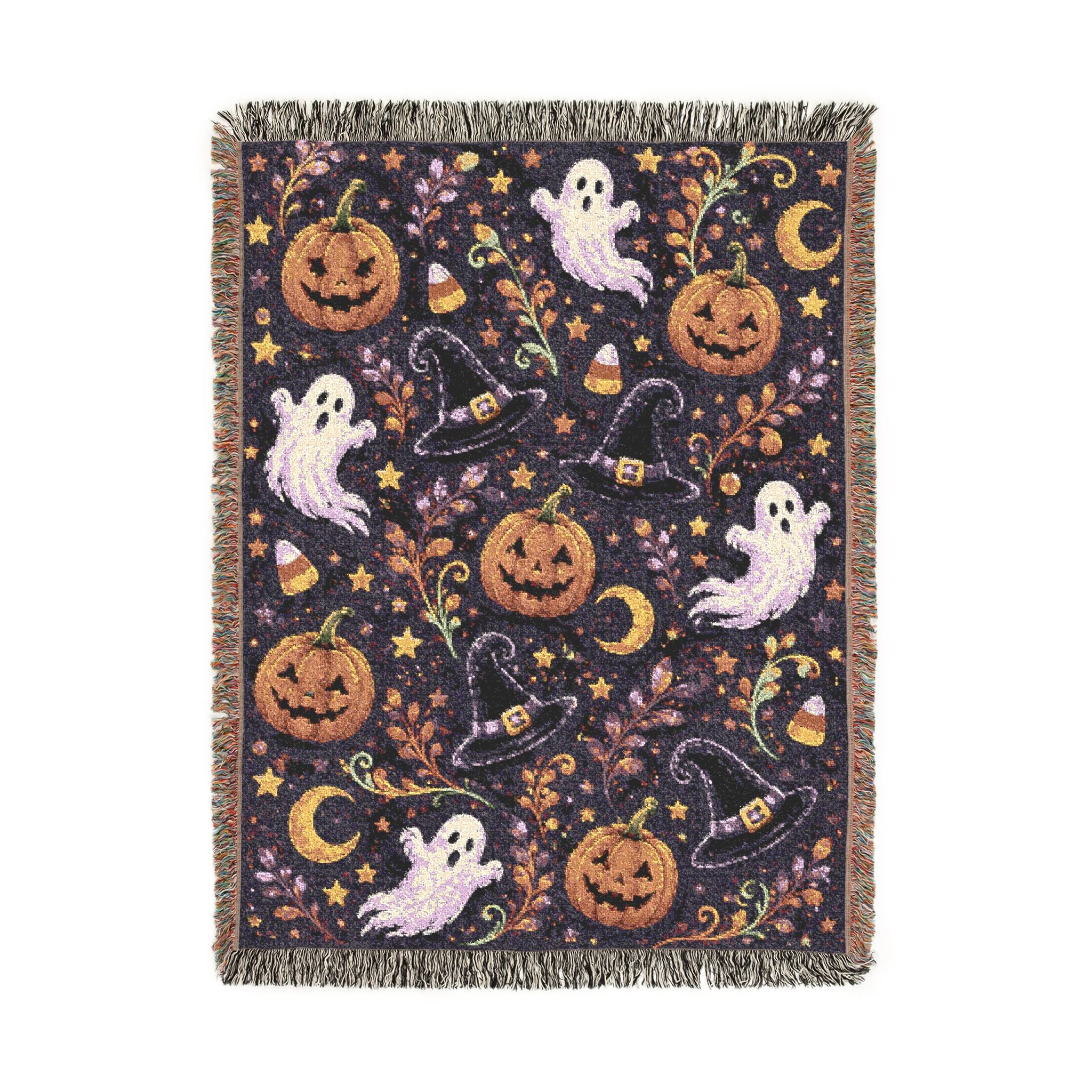 Halloween Ghost Pattern Woven Blanket | Jack-o'-Lanterns, Moon, Candy