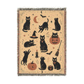 Black Cat Halloween Woven Blanket | Pumpkin Moon Witch Hat Cats