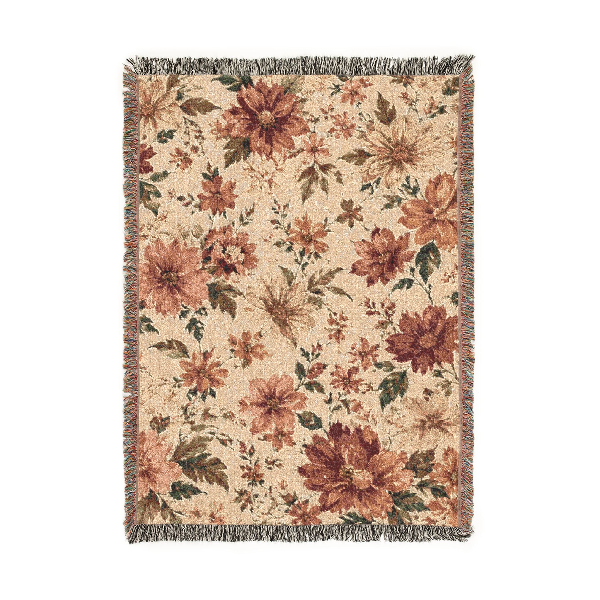 Woven Blanket — Vintage Floral Tapestry Throw (Beige & Teal Reversible)