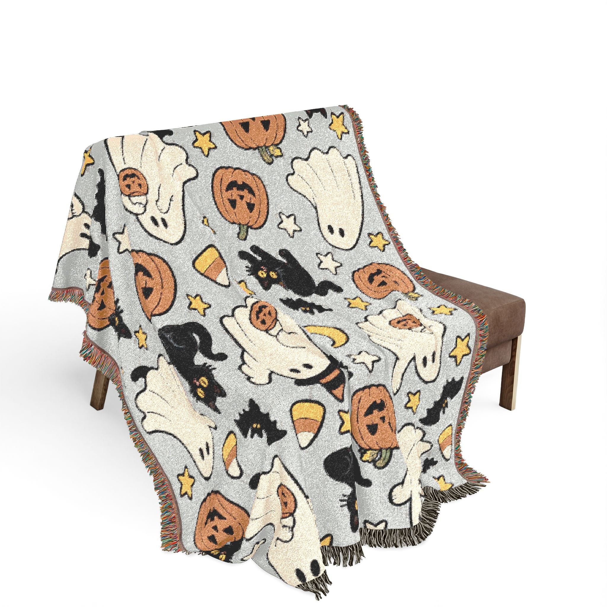 Cute Halloween Ghosts and Pumpkins Woven Blanket | Spooky Fall Throw