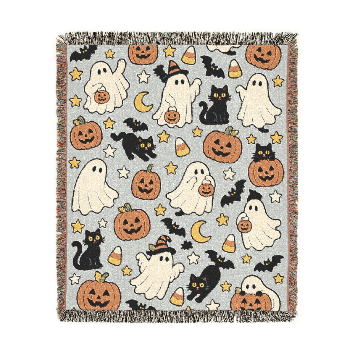 Cute Halloween Ghosts and Pumpkins Woven Blanket | Spooky Fall Throw