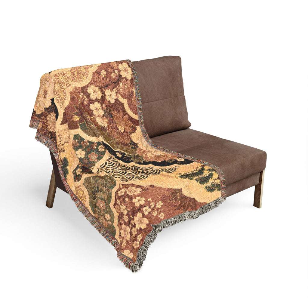 Floral Japanese style Pattern Woven Blanket | Vintage Patchwork Tapestry Throw