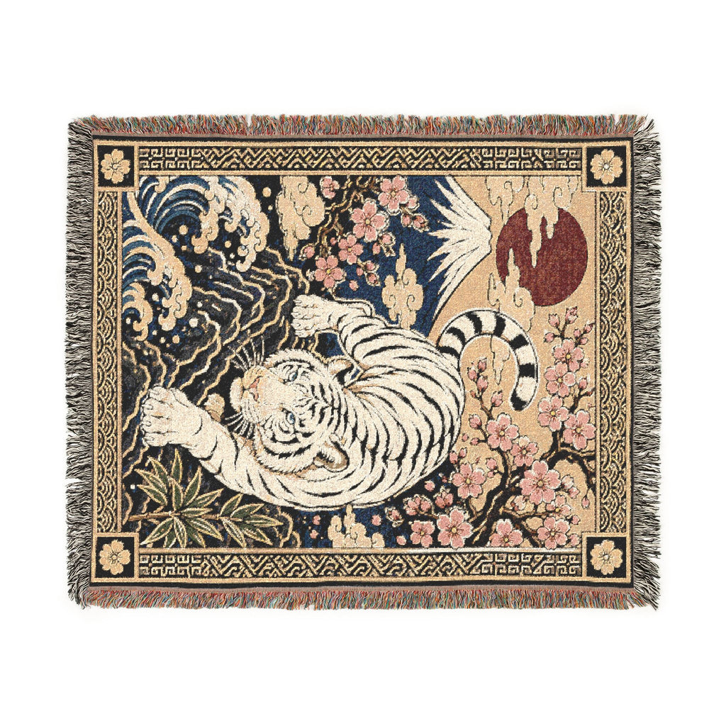 White Tiger Illustration Woven Blanket | Asian Floral Motif, Decorative Throw