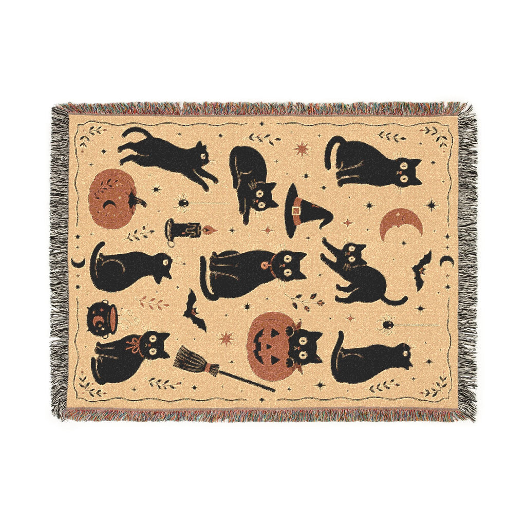 Black Cat Halloween Woven Blanket | Pumpkin Moon Witch Hat Cats