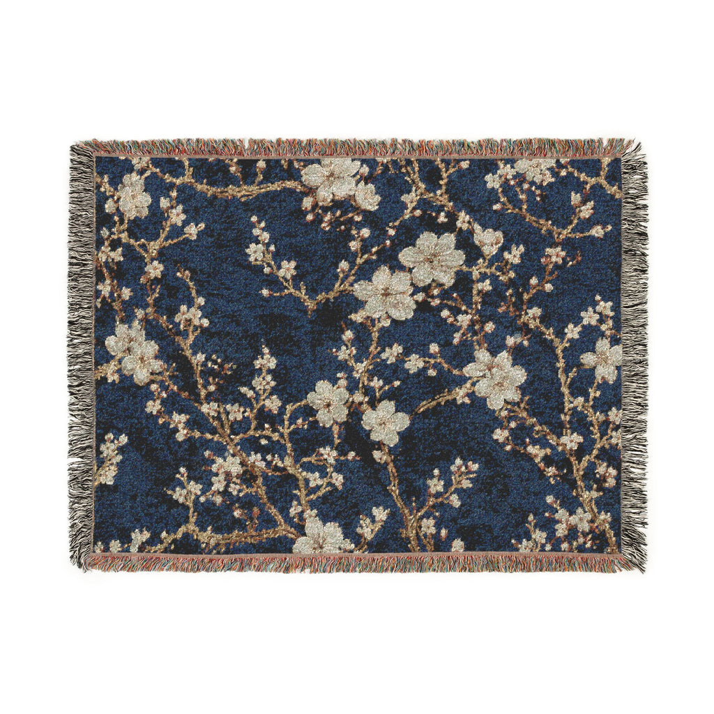 Floral Mosaic Woven Blanket — Navy Cherry Blossom Throw