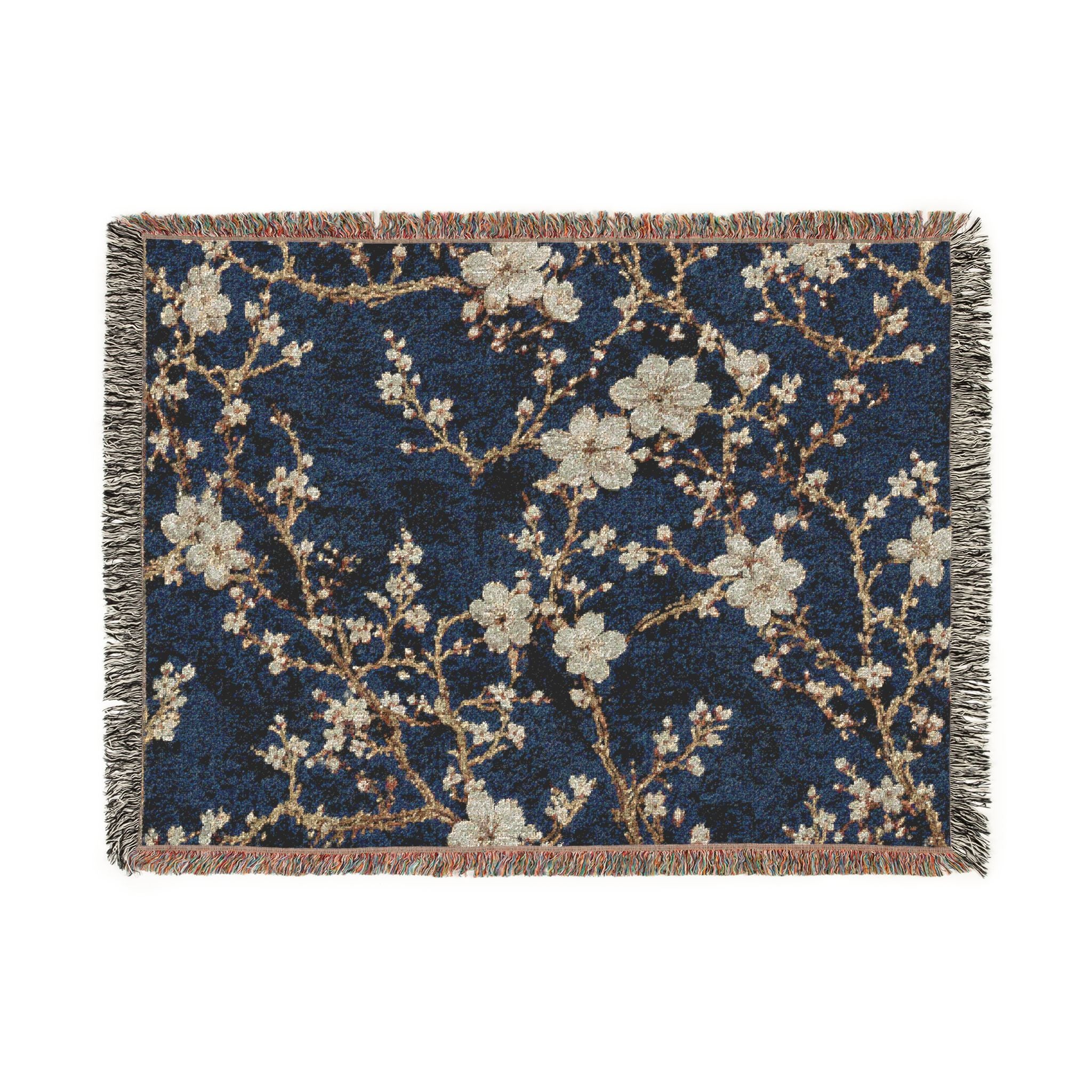 Floral Mosaic Woven Blanket — Navy Cherry Blossom Throw