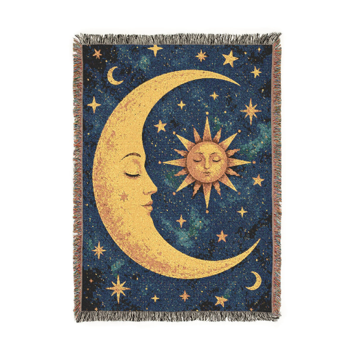 Celestial Moon and Sun Woven Blanket | Mystic Starry Tapestry Throw