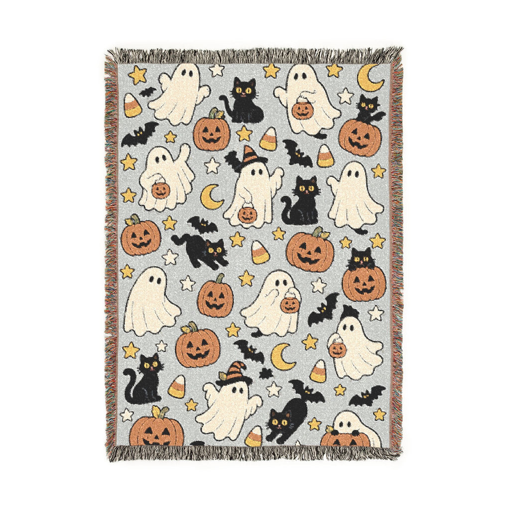 Cute Halloween Ghosts and Pumpkins Woven Blanket | Spooky Fall Throw