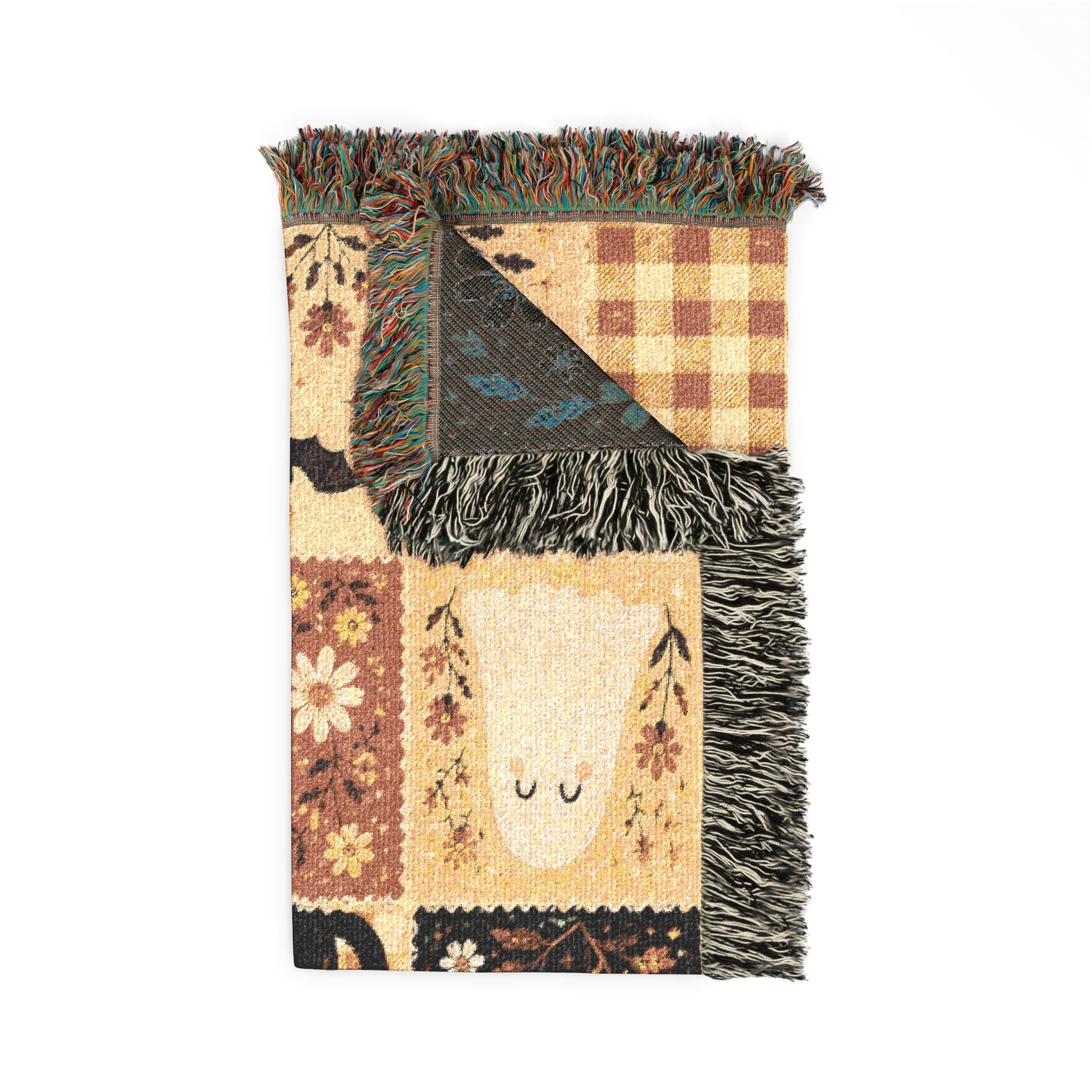 Patchwork Fall Woven Blanket - Cozy Farmhouse Throw with Pumpkins & Cats