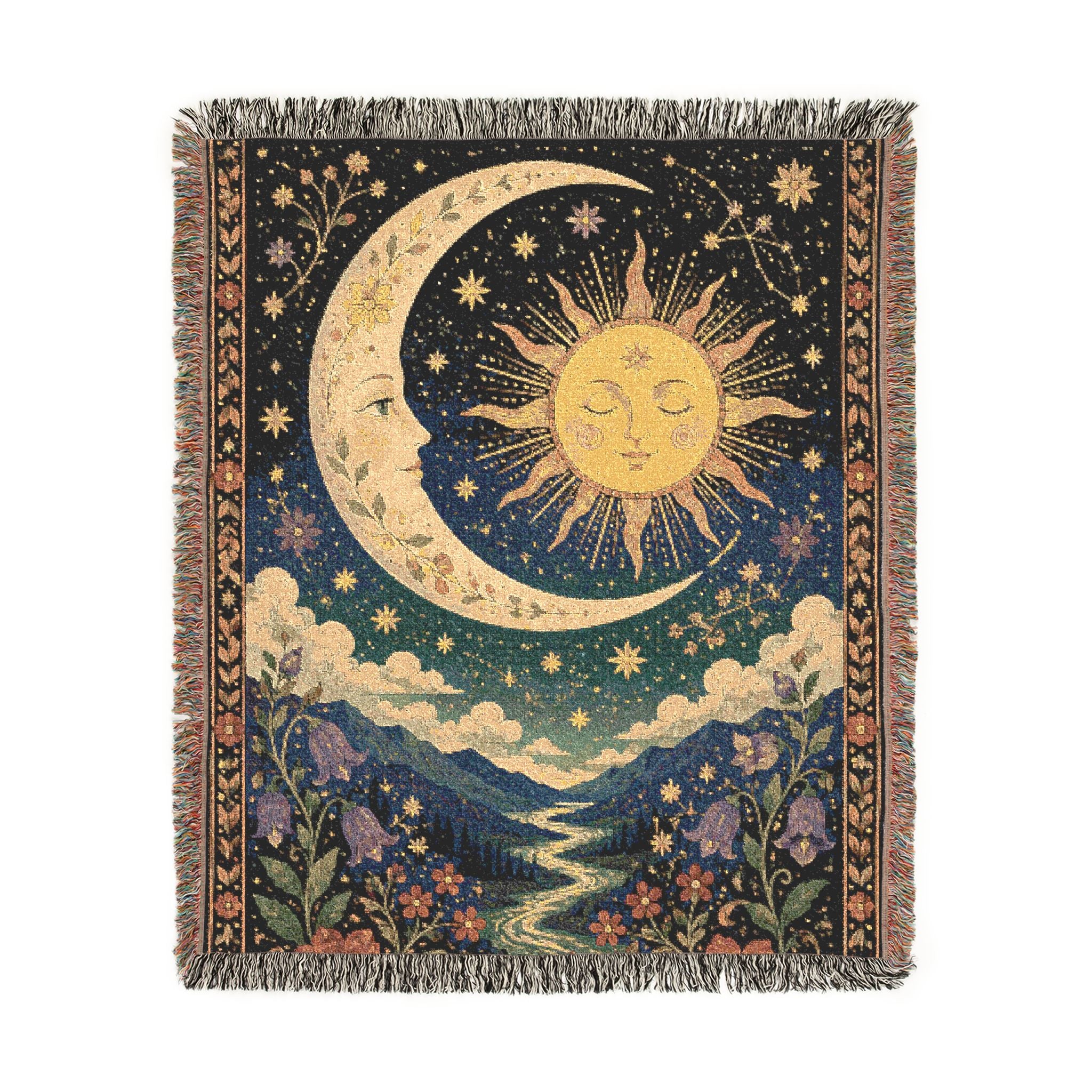 Sun and Moon Tapestry Woven Blanket | Celestial Boho Throw