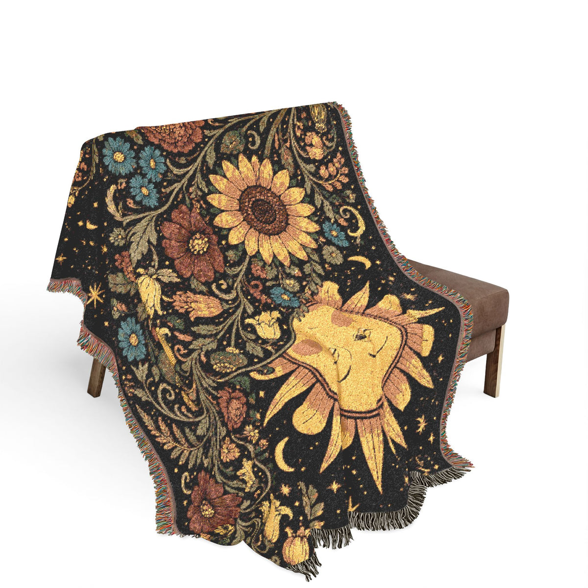 Sunflower Moon Tapestry Woven Blanket | Celestial Floral Throw