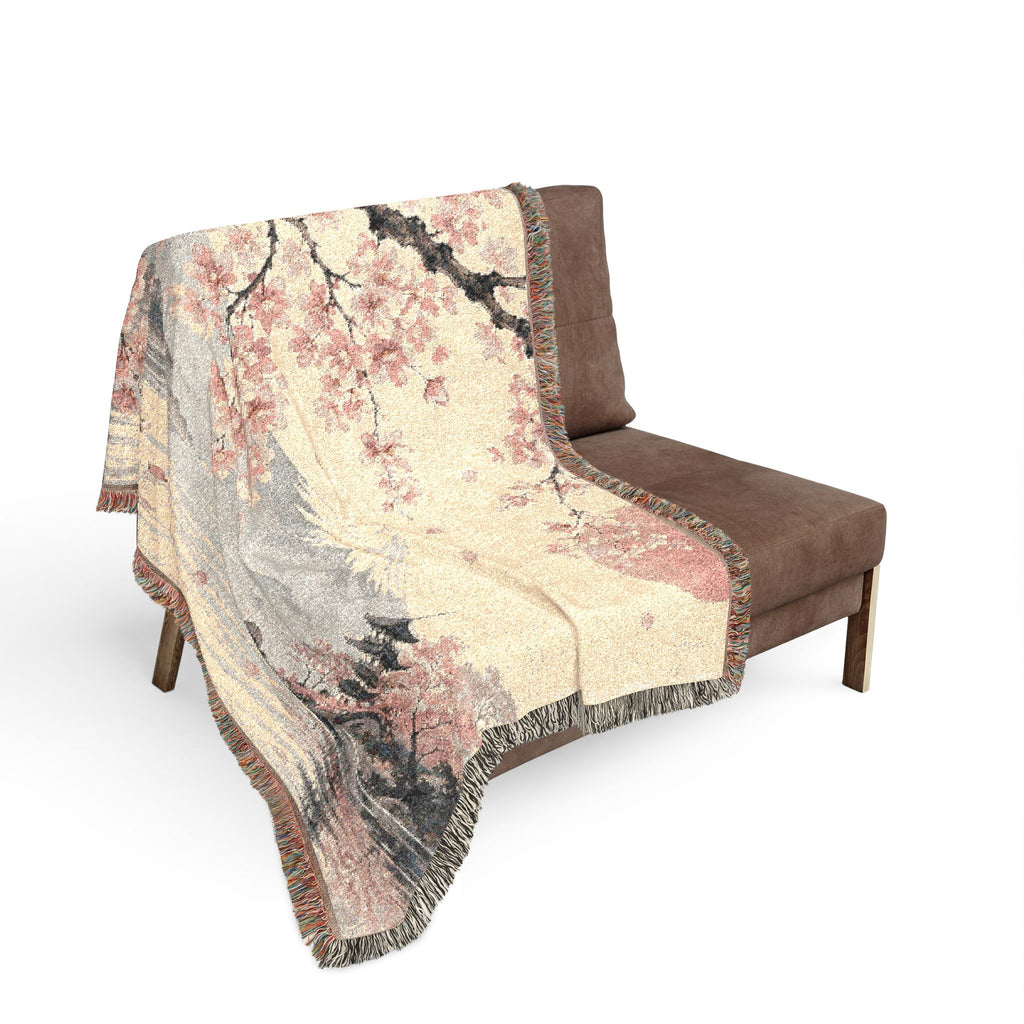 Cherry Blossom Woven Blanket — Japanese Moon Tapestry Throw