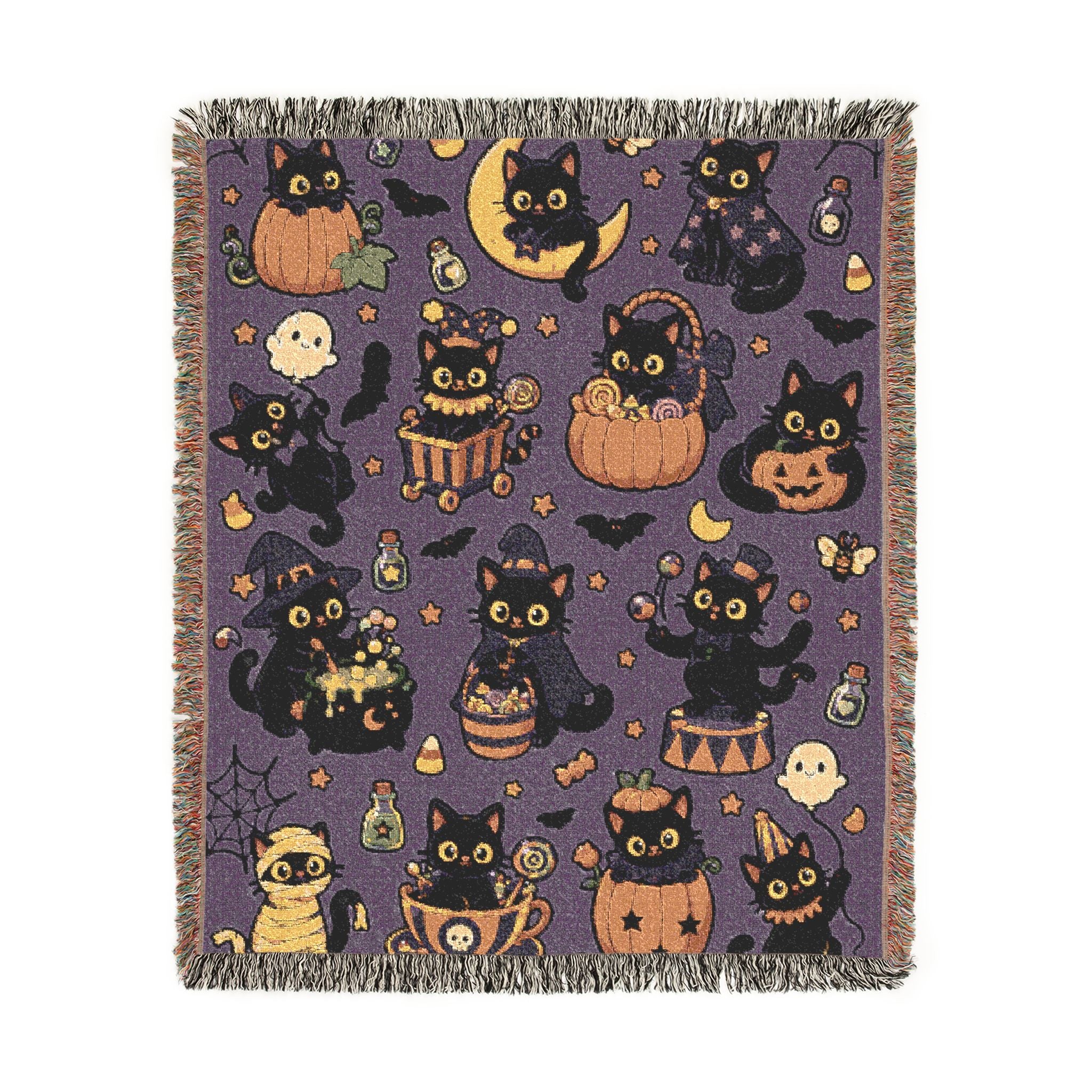 Pixel Halloween Cats Woven Blanket | Spooky Night Pattern