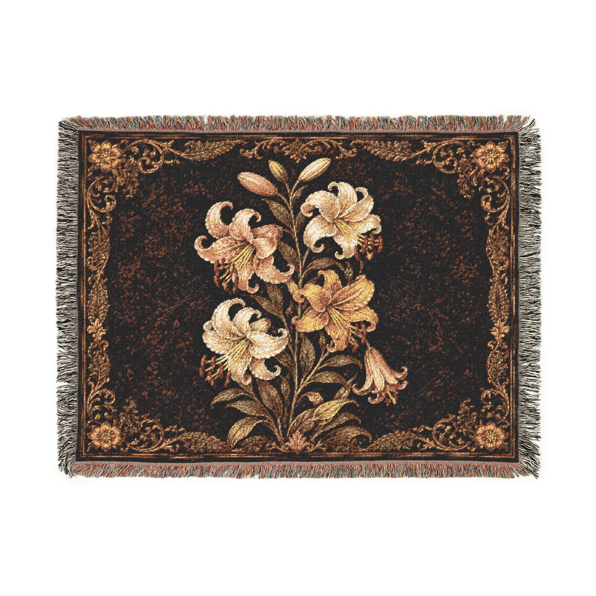 Floral Woven Throw Blanket — Vintage Lily Tapestry Accent