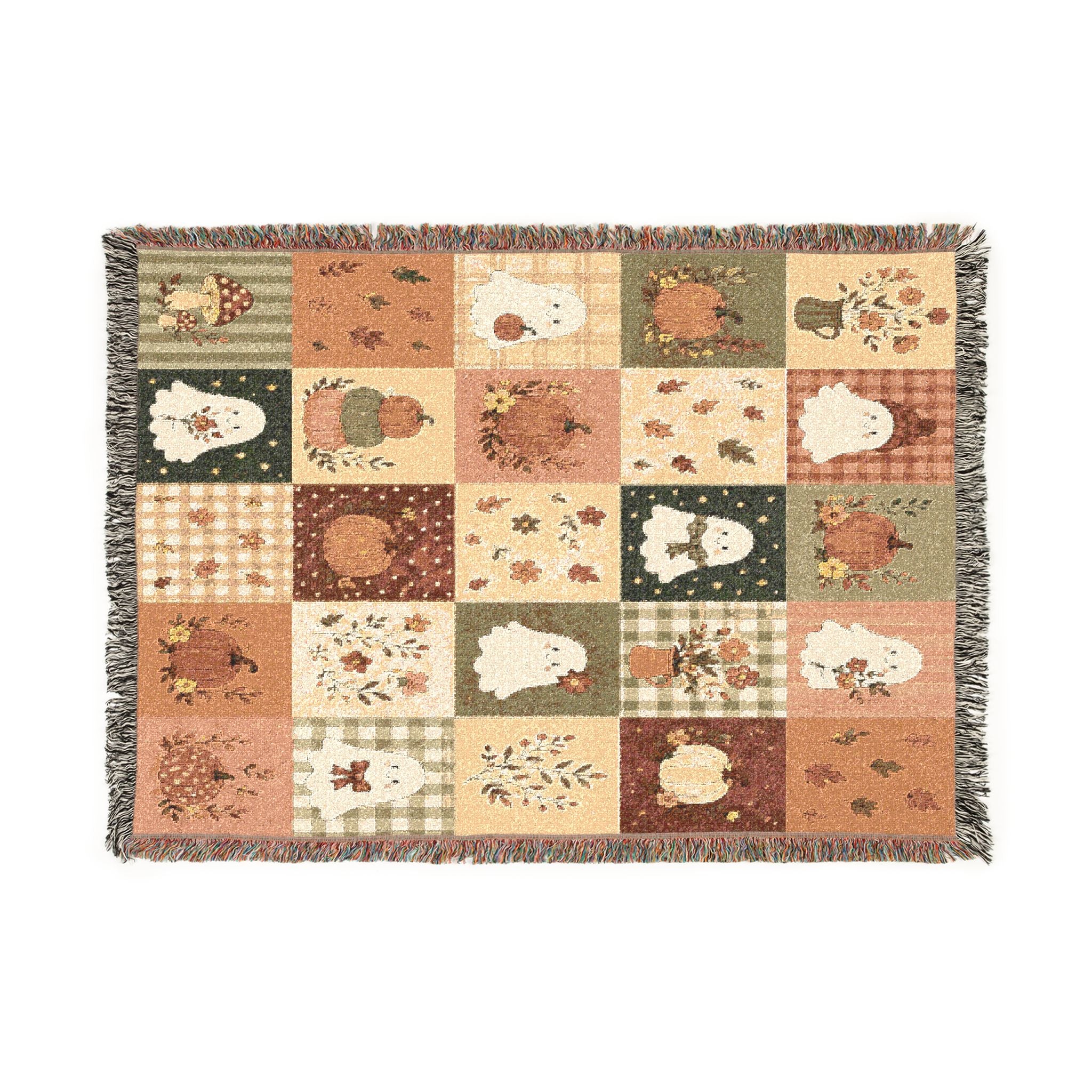 Patchwork Snowman and Pumpkin Woven Blanket | Autumn Winter Throw