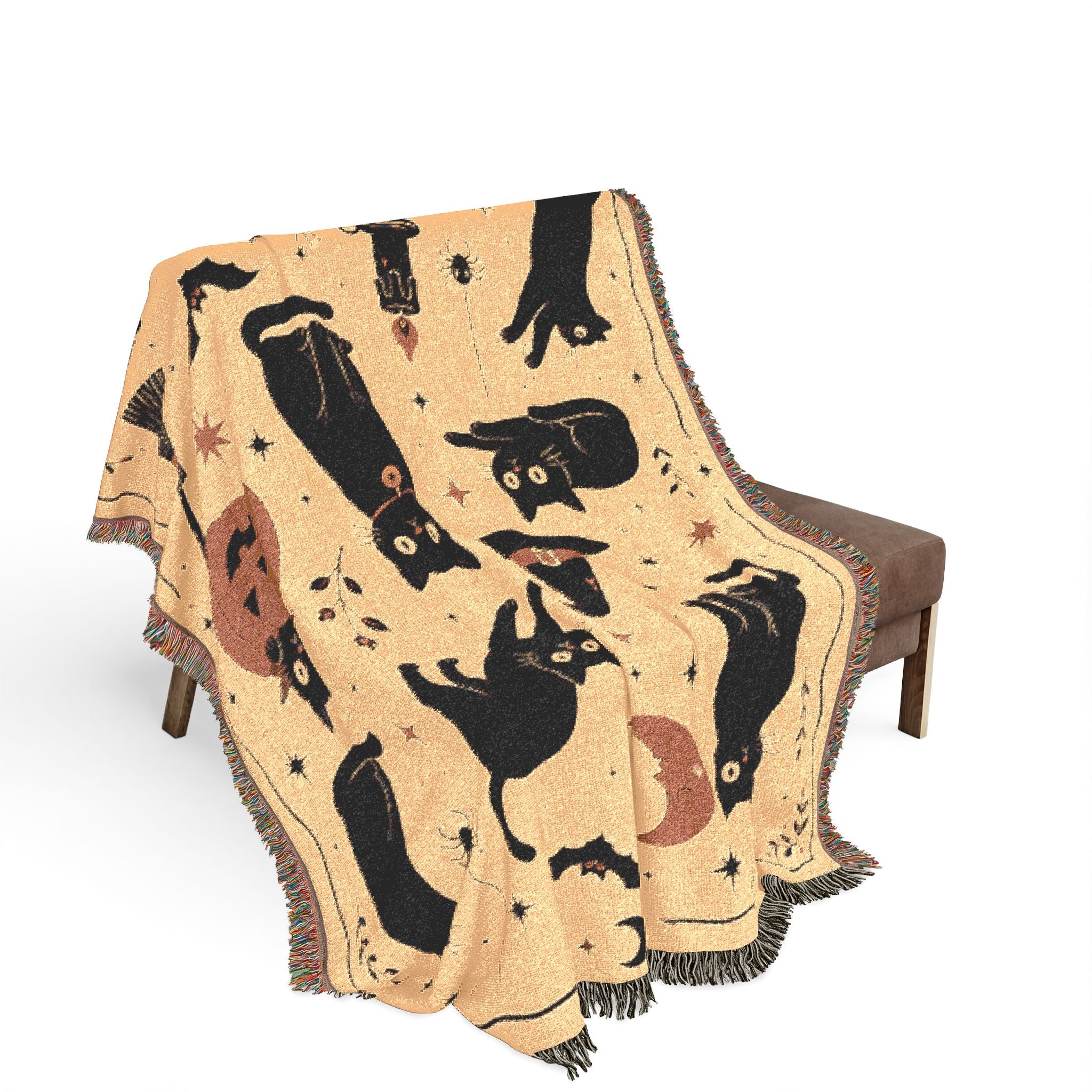 Black Cat Halloween Woven Blanket | Pumpkin Moon Witch Hat Cats