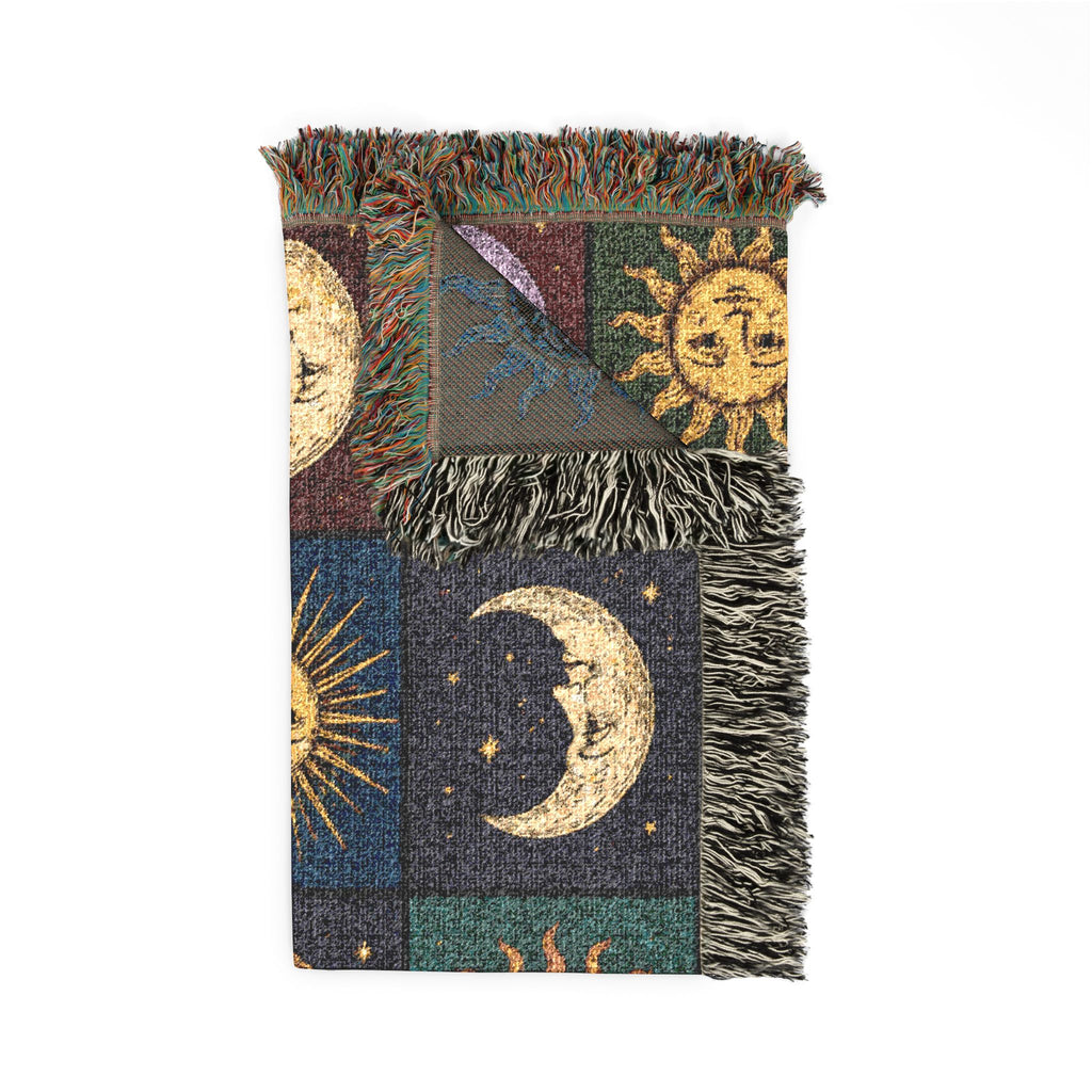 Celestial Sun and Moon Mosaic Woven Blanket | Boho Starry Throw