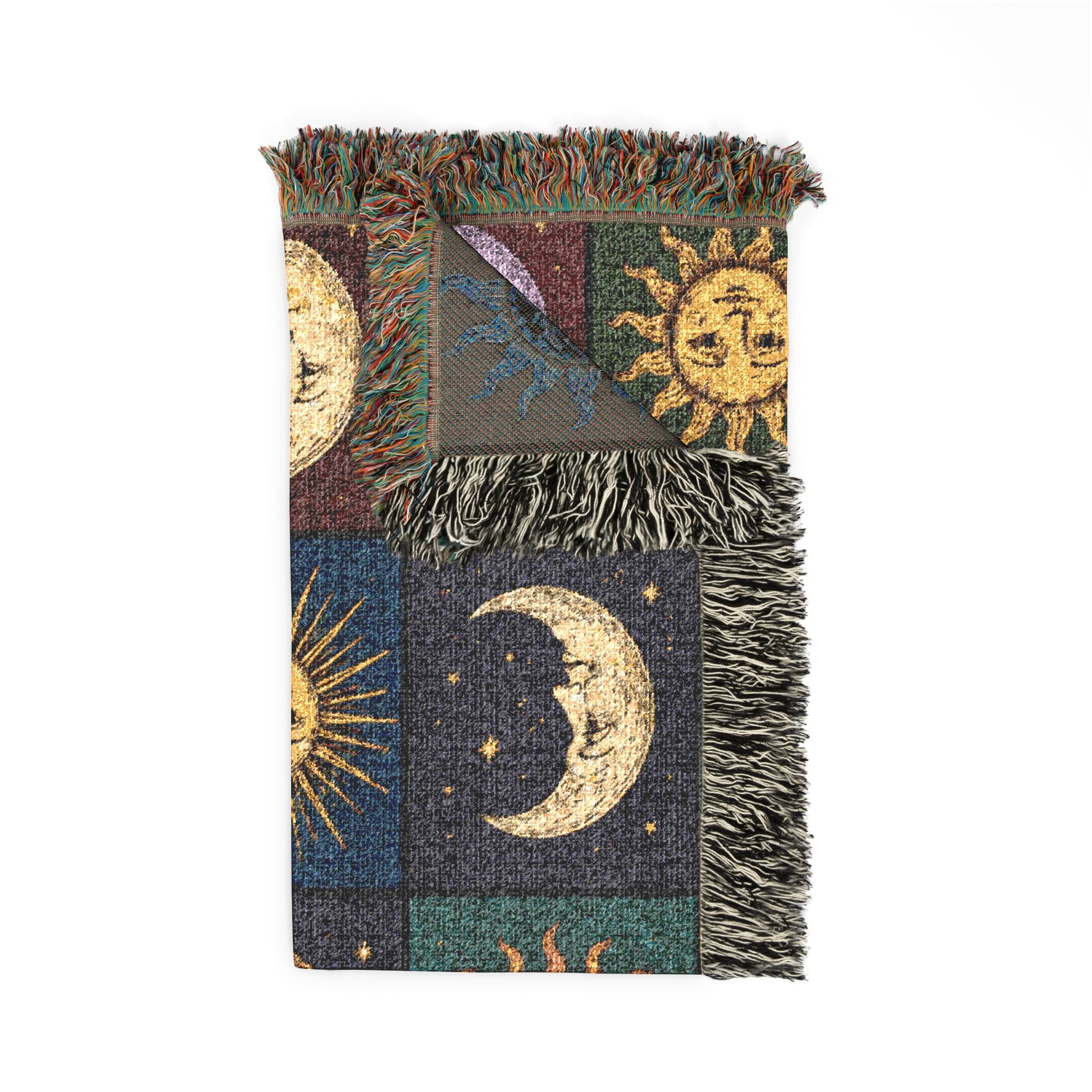 Celestial Sun and Moon Mosaic Woven Blanket | Boho Starry Throw