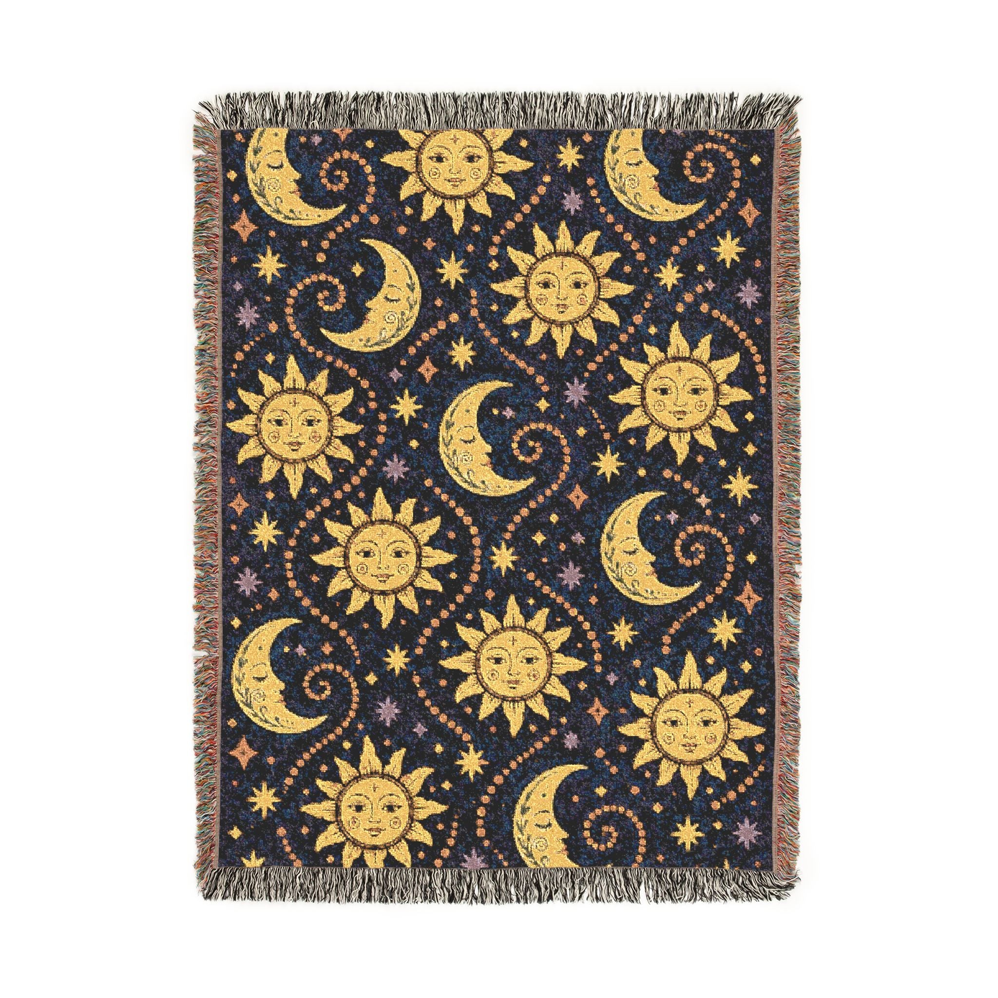 Sun and Moon Pattern Woven Blanket | Celestial Throw, Starry Night Tapestry