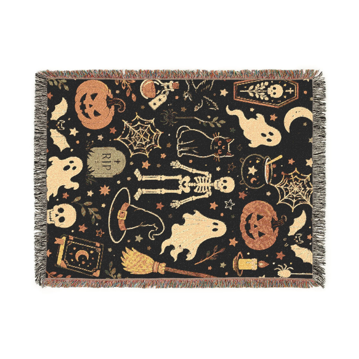 Halloween Spooky Pattern Woven Blanket | Ghosts Pumpkins Skeletons