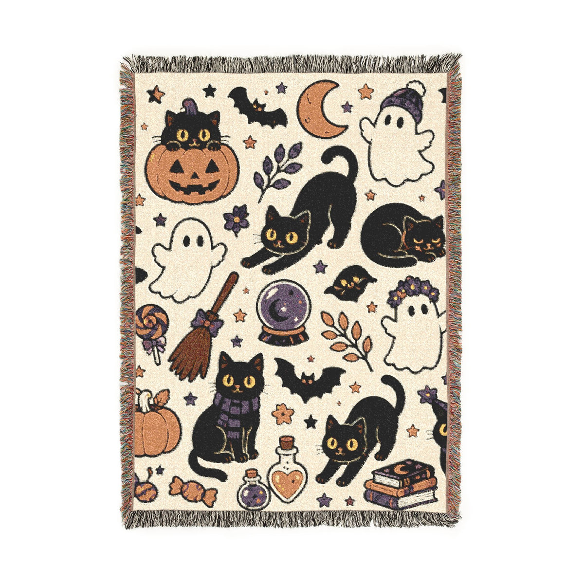 Black Cat Halloween Pattern Woven Blanket | Spooky Pumpkin Ghosts