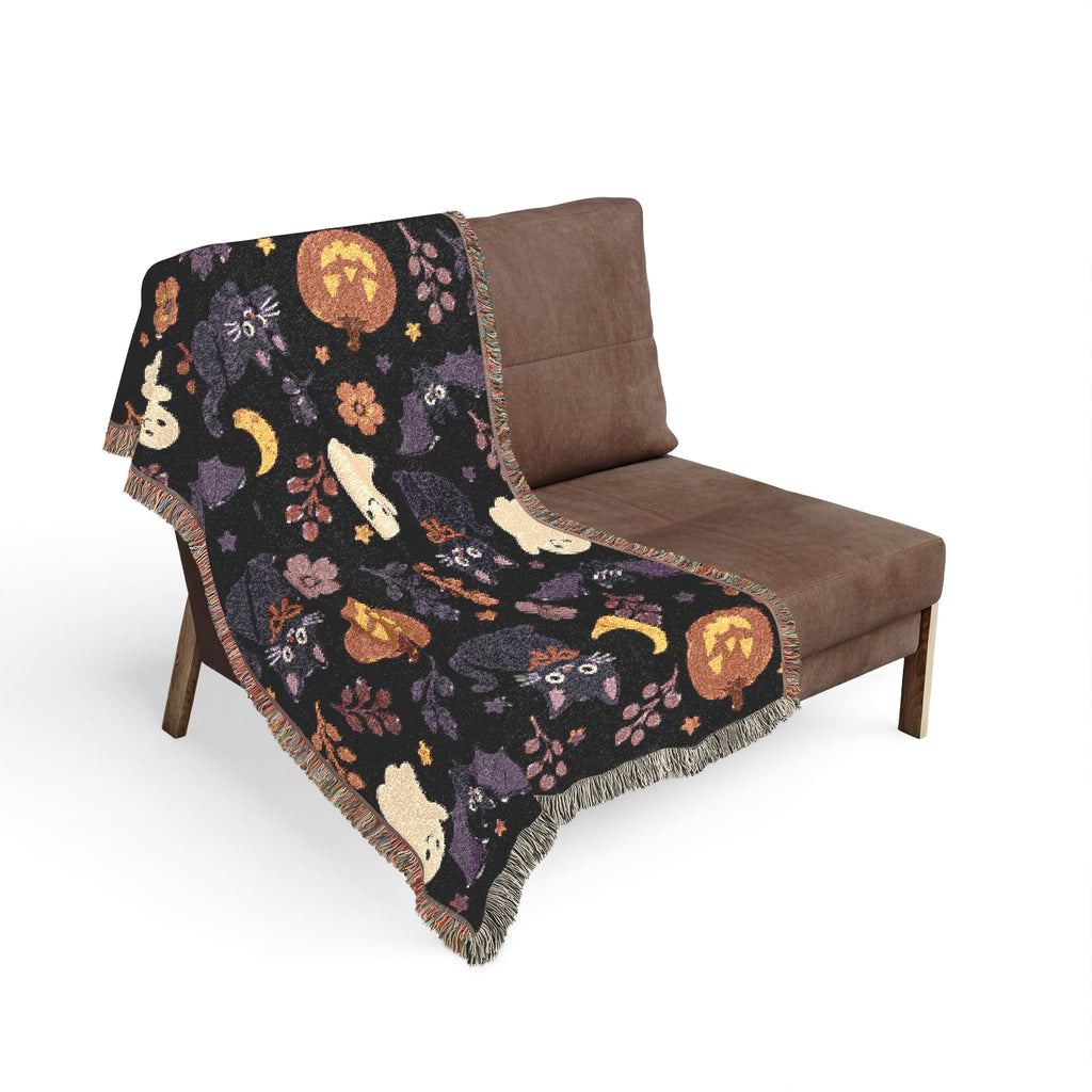 Cute Halloween ghosts and jack-o-lanterns Woven Blanket | spooky floral moons