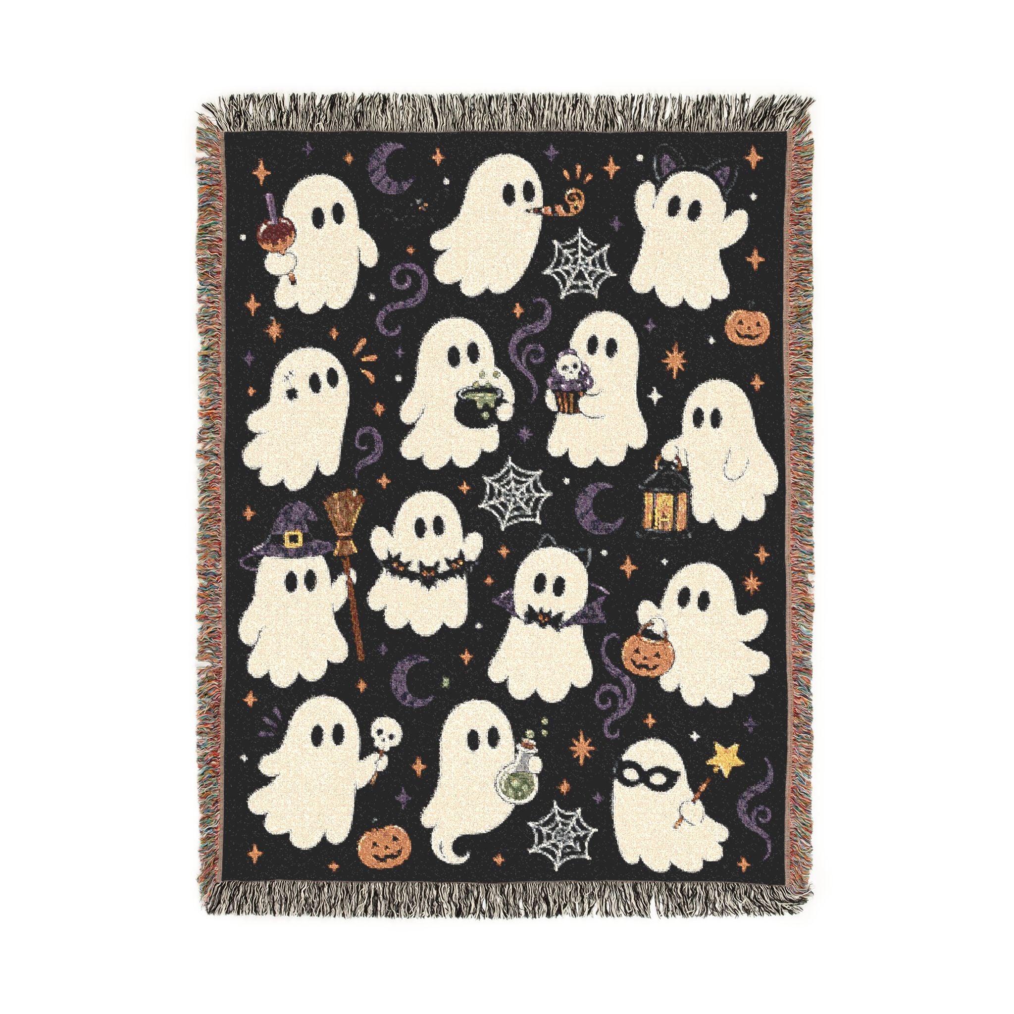 Cute Ghost Pattern Woven Blanket | Halloween Pumpkin Night Sky