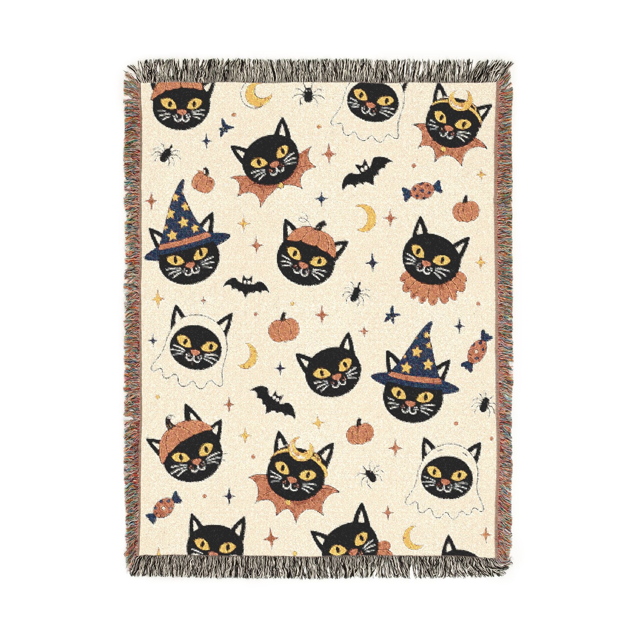 Spooky Cat Witch Pattern Woven Blanket | Halloween Cat Moon Stars