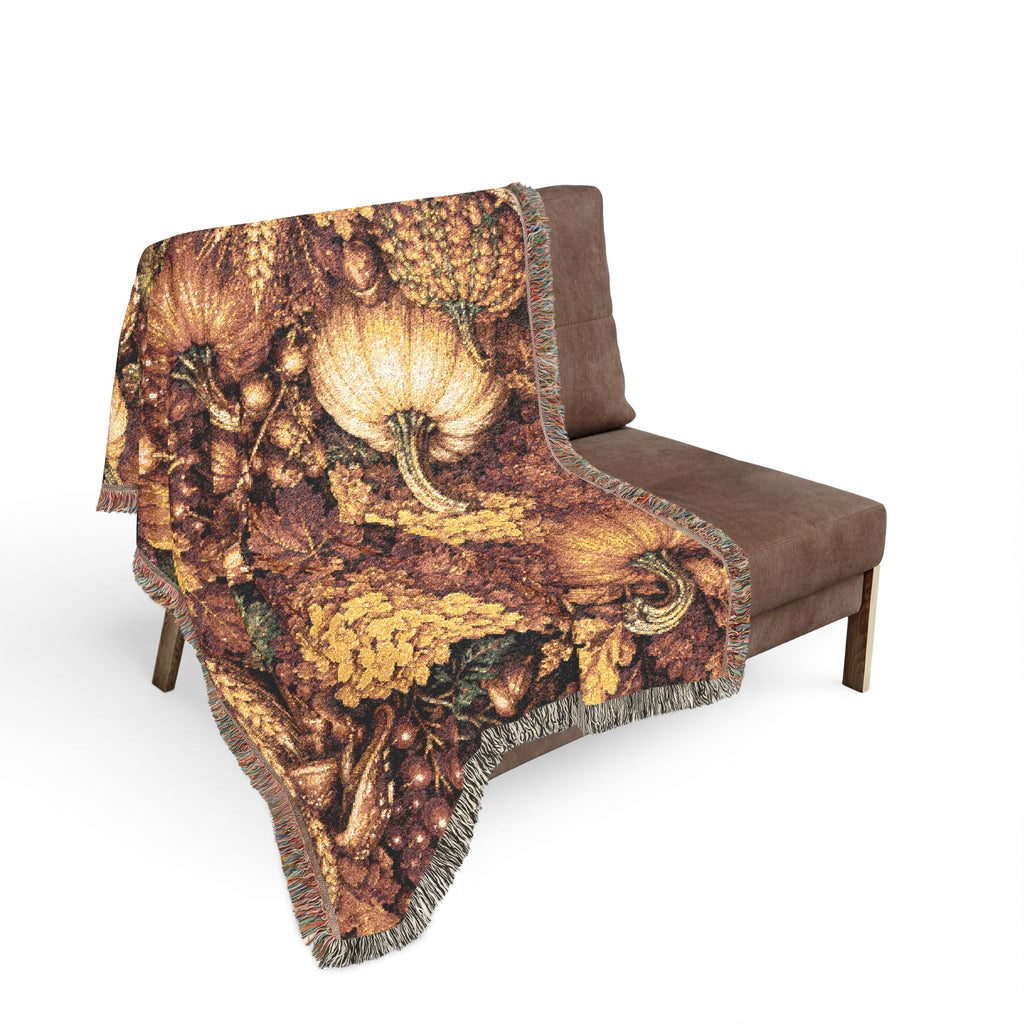 Autumn Harvest Pumpkin and Hydrangea Woven Blanket | Fall Floral Throw