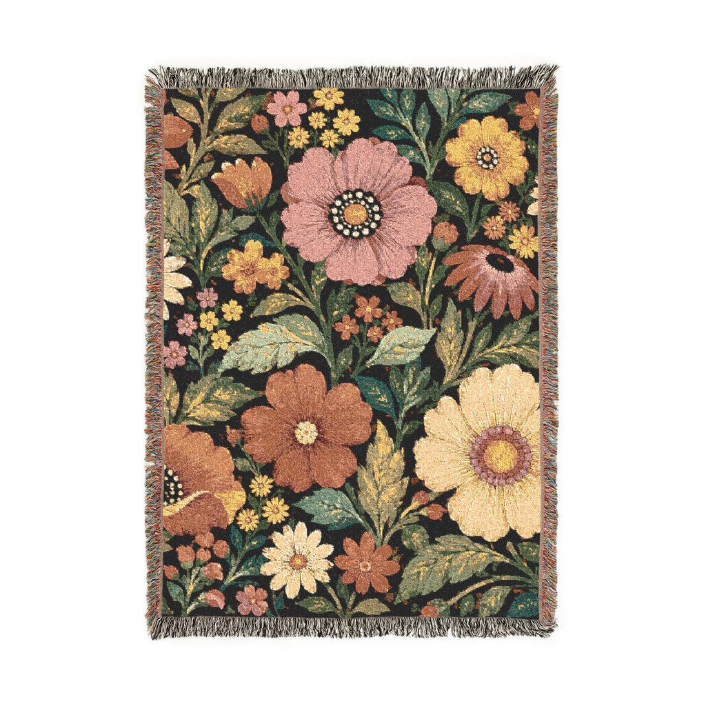 Vintage Floral Woven Blanket | Retro Botanical Throw, Tapestry Style