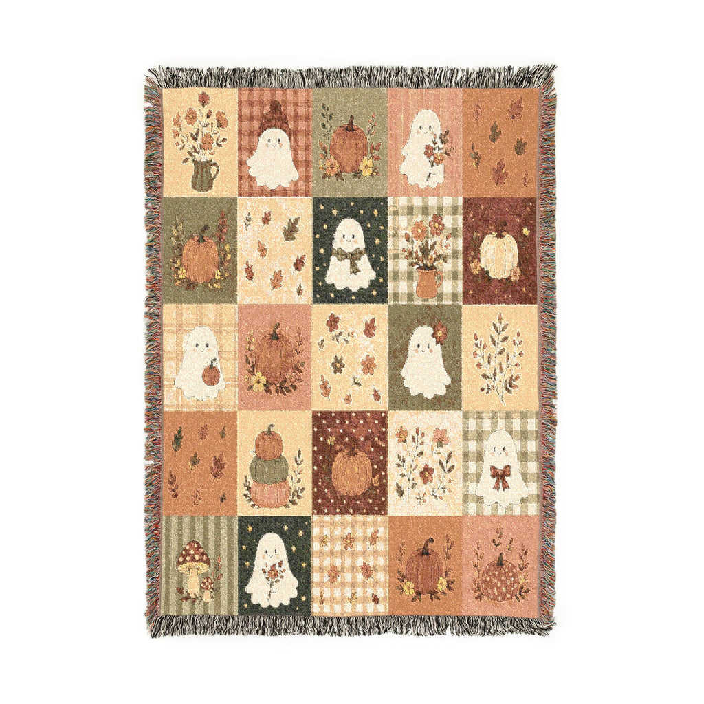Patchwork Snowman and Pumpkin Woven Blanket | Autumn Winter Throw